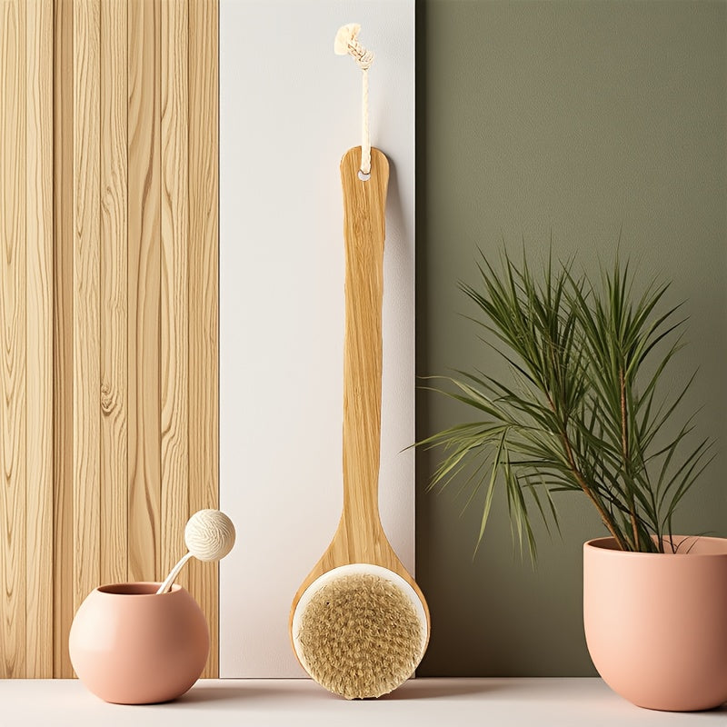 1pc a 15.75inch Long Bamboo Body Brush Designed for Exfoliating The Back, Featuring a Wooden Handle And Medium-Strength Natural Bristles for Gentle Exfoliation